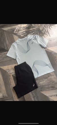 ASICS Asymmetric T-Shirt & Short Set - Baby Blue / Black