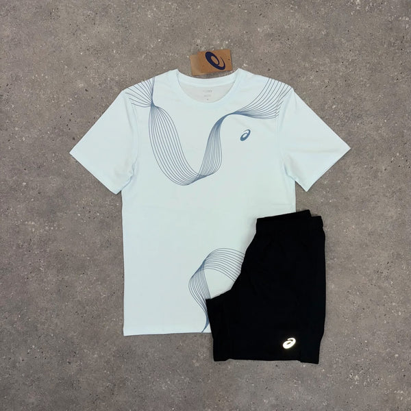 ASICS Asymmetric T-Shirt & Short Set - Baby Blue / Black